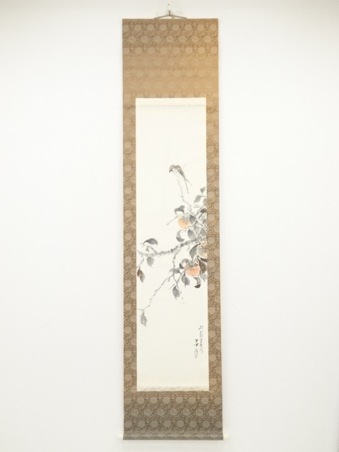 JAPANESE HANGING SCROLL / HAND PAINTED / PERSIMMON & BIRD